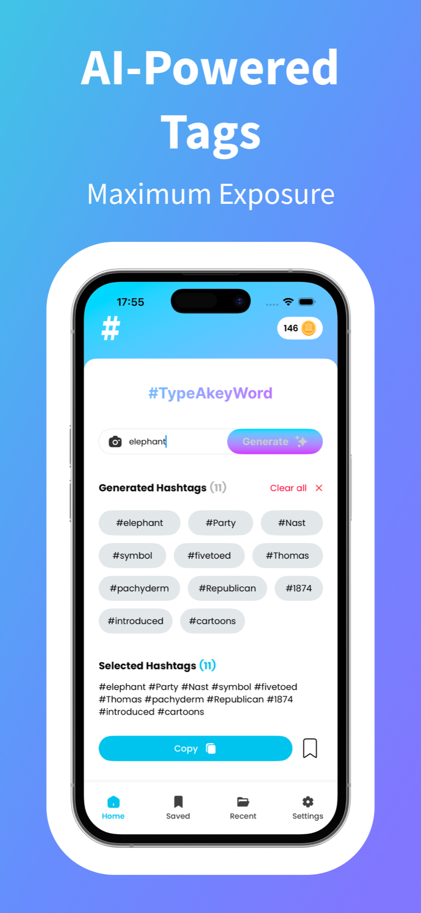 VonTag keyword entry and generated hashtag list