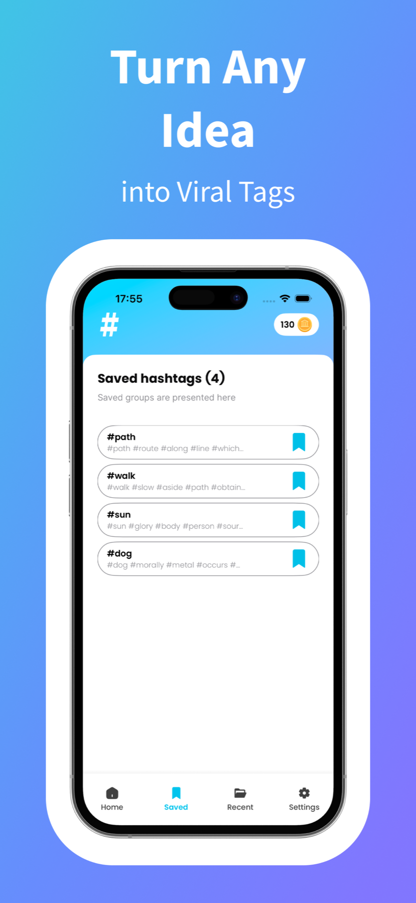 VonTag saved hashtag groups screen